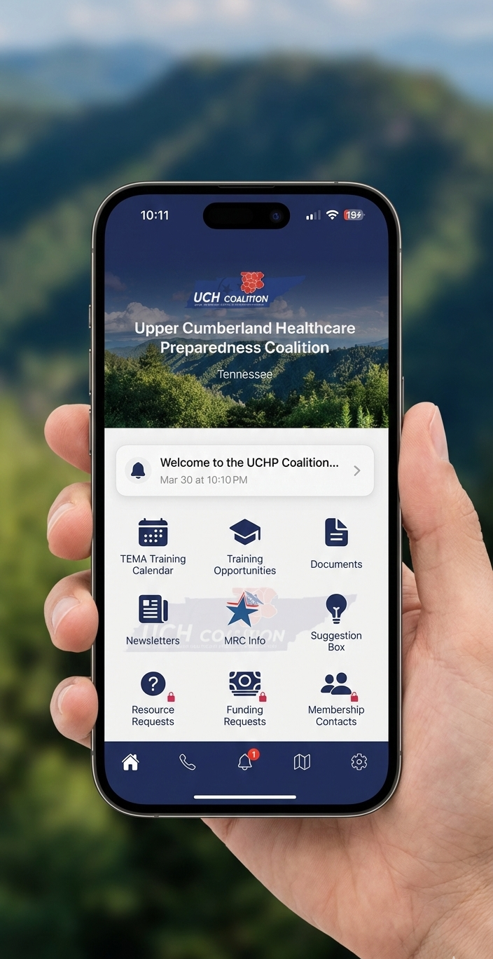 Hand holding a phone displaying the UCH Coalition mobile app home screen.